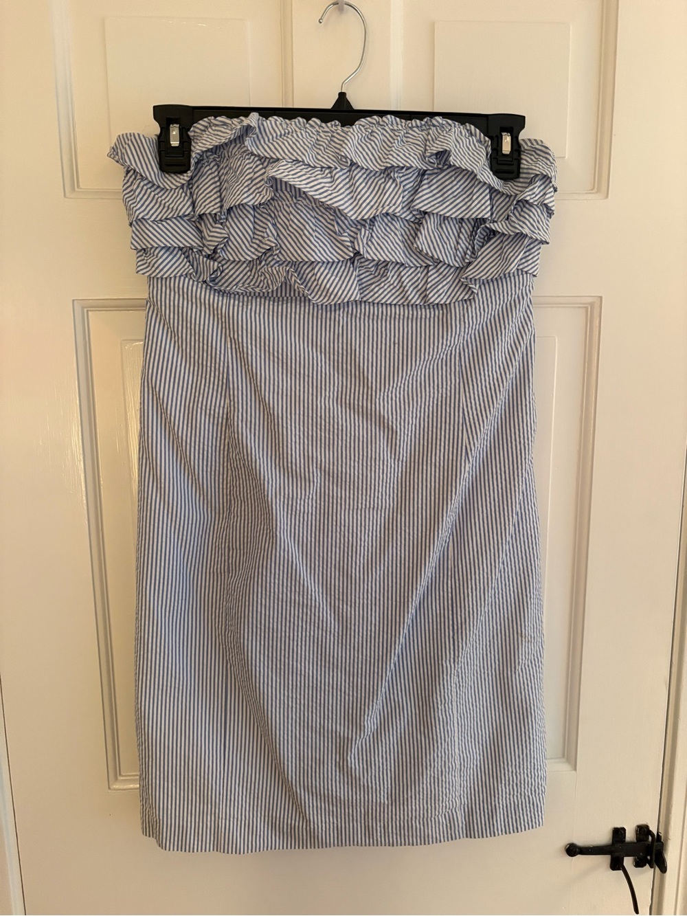 Vineyard Vines Blue and White Seersucker Strapless Ruffle Dress